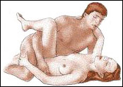 this can be very passionate, as she pulls his hips towards hers and they kiss... it can also be calm, relaxed, and very long-lasting.  his thigh is well-positioned against her clitoris, and both can move freely; she can also raise her hips for one thrust and lower them for the next for an exciting rhythm.  As described in shell pose, this one is great upside down... and for an intimate experience, they can relax and sleep together this way.